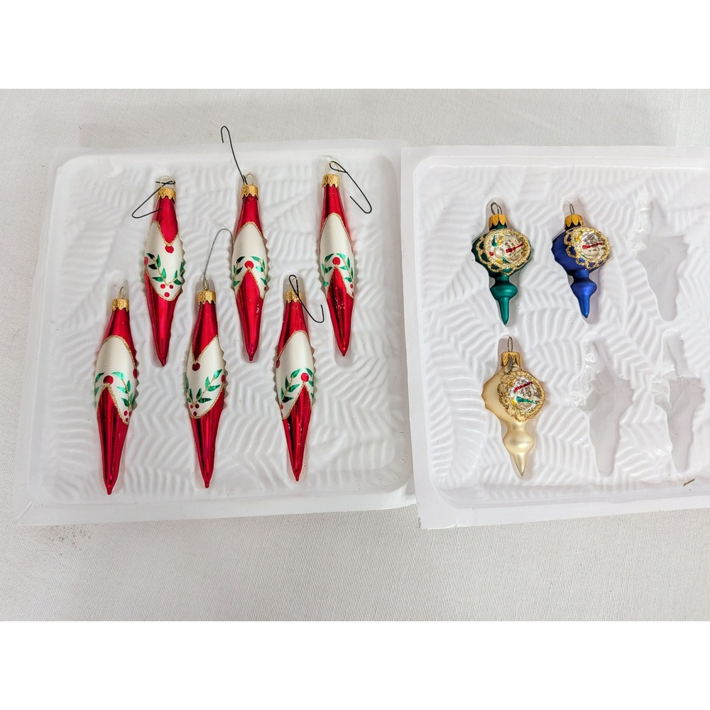 Vintage 9p Christmas Glass Ornaments Multicolor Teardrop Icicle and Reflector